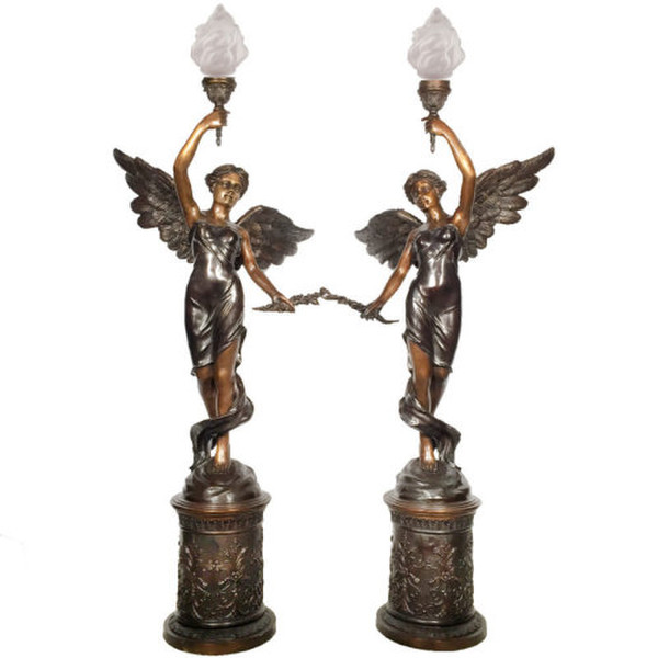 Bronze Angel Torchiere Sculpture Set Lamps Lighting Statues Pair